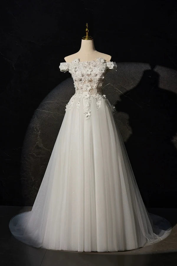 Wholesale White A-line Off the Shoulder Flowers and Tulle Formal Dress Beautiful Long Evening Party Dress